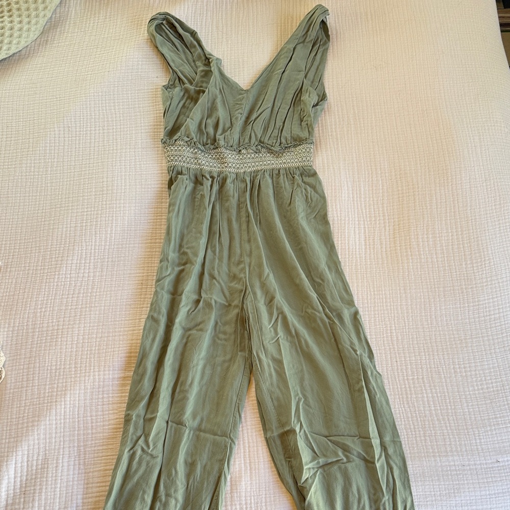 Japna Olive Green Smocked-Waist Jumpsuit